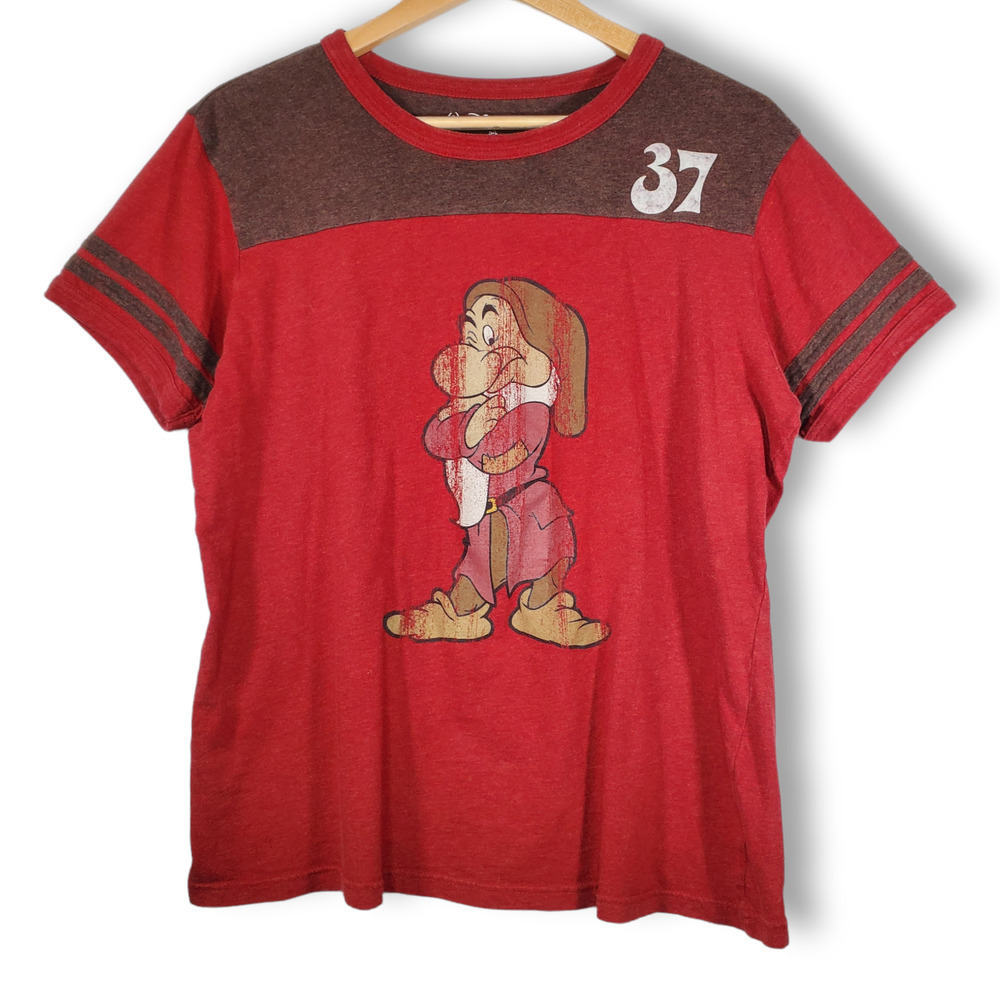 Vintage Walt Disney World Grumpy Ringer Baseball Tee Red Brown Size XL